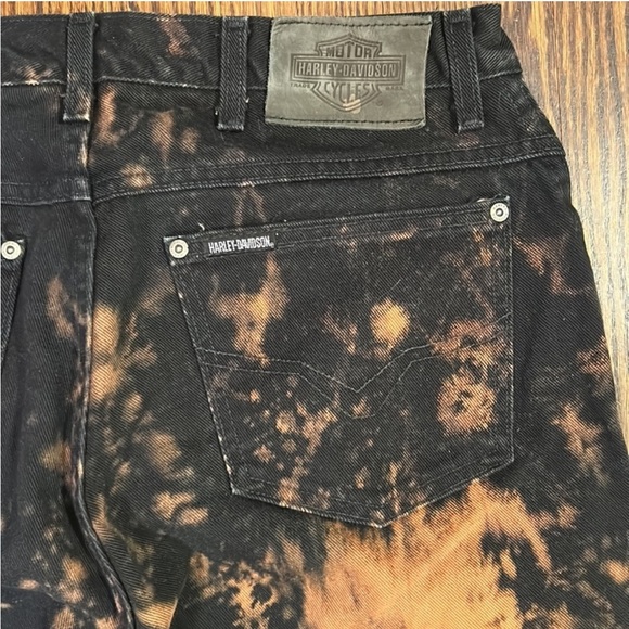 Vintage 90s Harley Davidson Bleached Jeans Acid Wash Black Orange Grunge Unisex - Picture 6 of 9